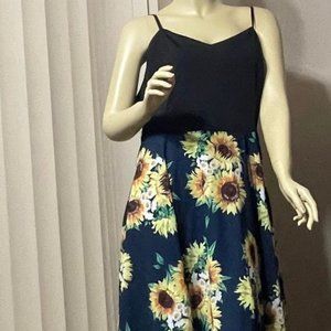 Women 1X Pretty Sunflower Summer Dress Handkerchief Hem Spaghetti Straps